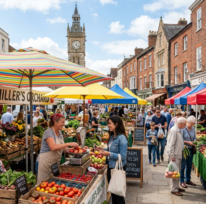 A busy outdoor farmers market on a Saturday morning. Stalls with fresh vegetables and fruits are lined up under colorful umbrellas. Customers of different ages are browsing while a vendor is weighing apples for a young woman. In the background, there are old brick buildings and a clock tower.