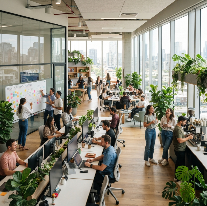 A modern office space with open-plan desks. Several employees are sitting at their computers, some are standing near a whiteboard discussing a project. Natural light comes through large windows. Plants are placed around the room. A coffee machine is visible in the corner and a few people are chatting near it.