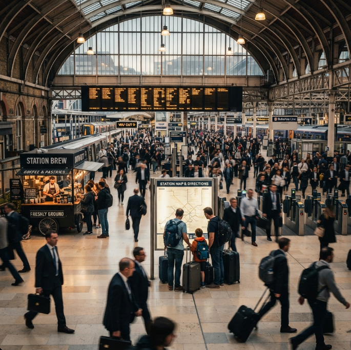 A busy train station during rush hour. Commuters are walking quickly in different directions, some carrying briefcases and others with backpacks. A large departure board shows train times. A family with suitcases looks at a map. A vendor sells coffee from a small cart near the entrance.