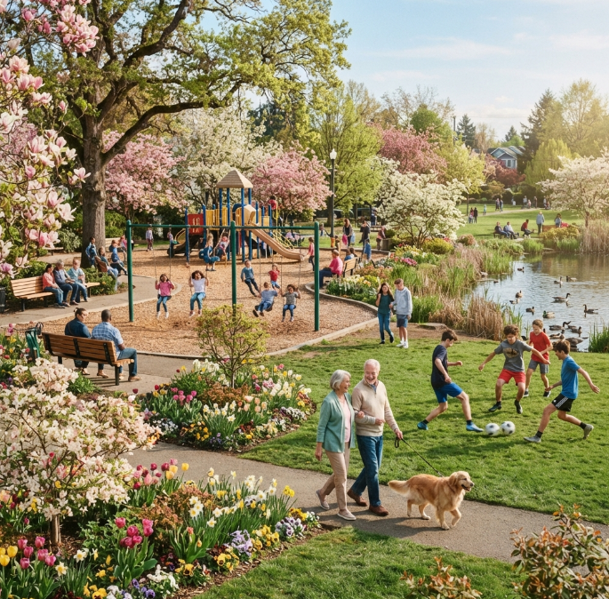 A community park in spring. Children are playing on swings and slides while parents sit on benches watching. A group of teenagers plays soccer on the grass. An elderly couple walks their dog along the path. Trees are in full bloom and flower beds are colorful. Birds are feeding near a pond.