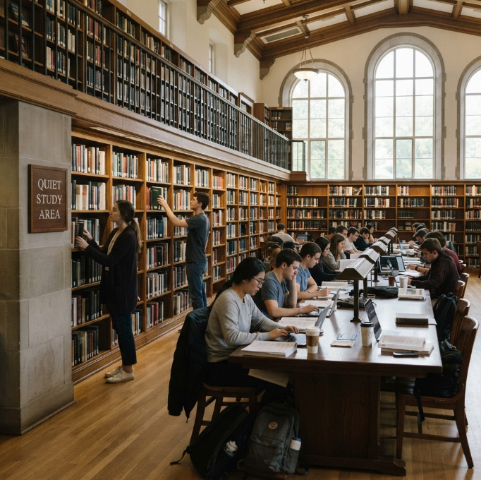 A university library reading room. Students are studying at long wooden desks with laptops and books. Bookshelves line the walls from floor to ceiling. Some students stand near the shelves looking for books. Large arched windows let in natural light. A sign says 'Quiet Study Area' on the wall.