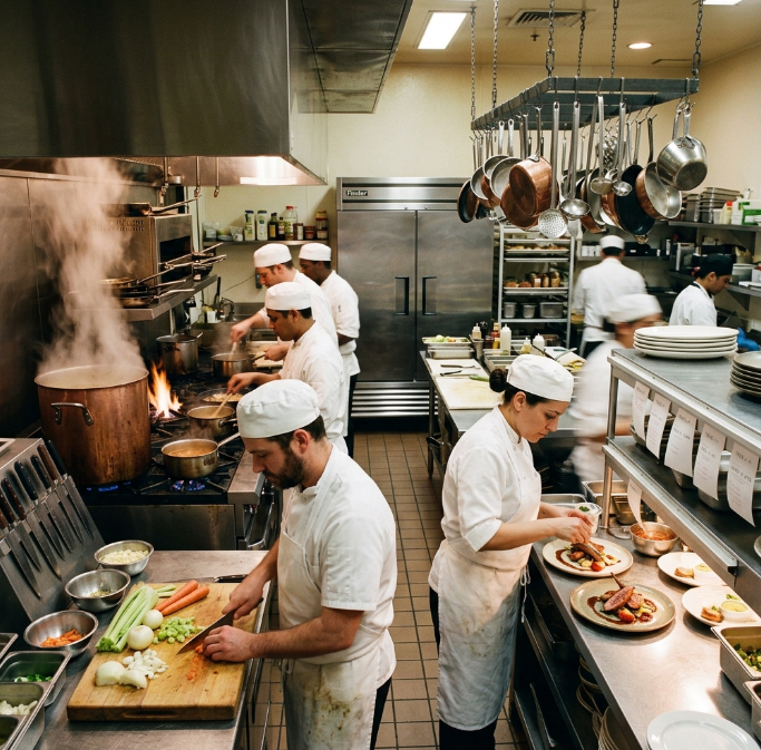 A restaurant kitchen during dinner service. Chefs in white uniforms and hats are working at various stations. One chef is chopping vegetables, another is plating a dish. Steam rises from pots on the stove. A large refrigerator stands against the wall and pots hang from the ceiling rack.