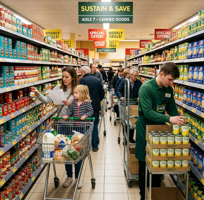 A busy supermarket aisle. Shelves are stocked with various products in neat rows. Shoppers push trolleys and examine items. A staff member restocks a shelf with cans. Special offer signs hang from the ceiling. A mother with a child in the trolley reads a shopping list.