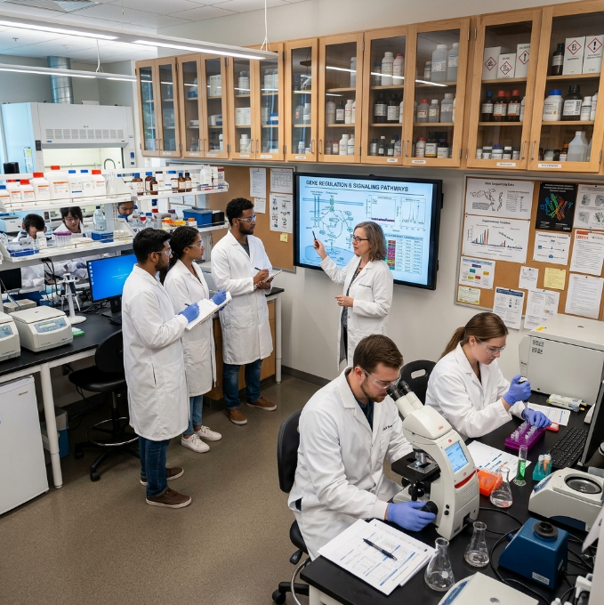 A science laboratory with modern equipment. Researchers in white lab coats work at benches with microscopes and test tubes. A professor explains something to students gathered around a display screen. Cabinets with chemicals line the walls. Charts and diagrams are pinned on a notice board.